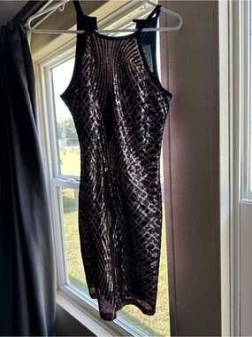 Star Vixen Black and Rose Gold Sequin Halter Midi Dress